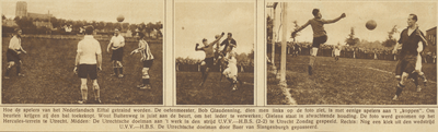 870243 Collage van 3 foto's betreffende het voetbal in Utrecht, met links een training van het Nederlands elftal op het ...